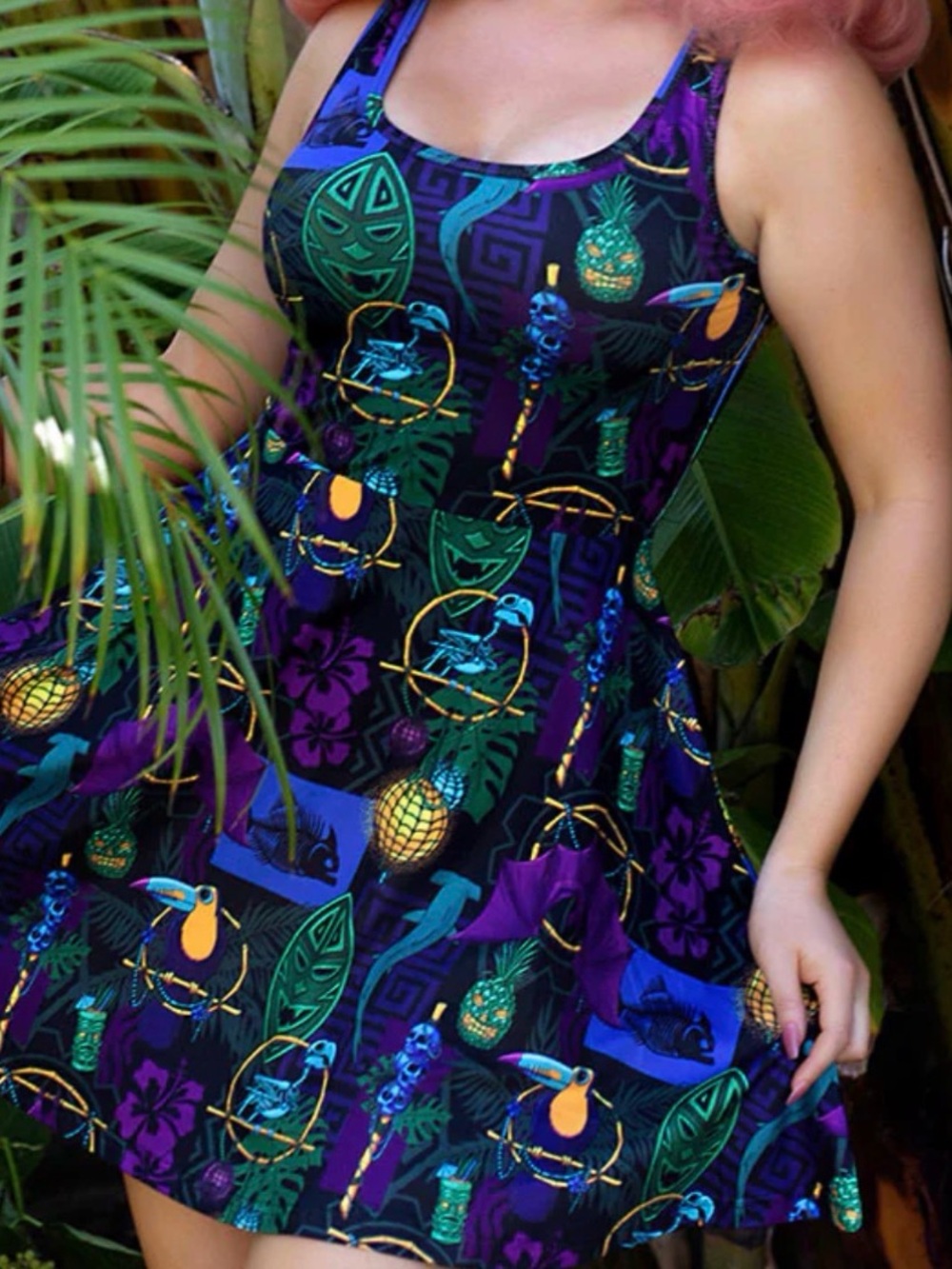 Black Mast  Tropical Tiki Print Skater Dress